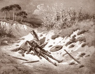 Don Quijote Efter hans tæsk efterlyser Quixote sin ideelle dame Dulcinea del Toboso Gravering af Gustave Dore (1832-1883) til "The Ingenieux Hidalgo Don Quixote de la Mancha (Quixotte - Quijote)" af Miguel af Cervantes (1547-16316) 186316 Privat samling