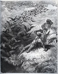 Don Quixote a la cave de Montesinos - Et uendeligt antal krager og råger flyver ud af Montesinos