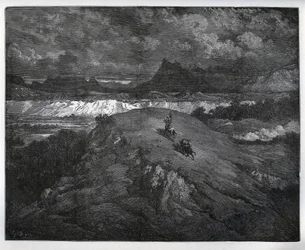 Don Quixote og Sancho Panza fortsætter deres eventyr i en bjergrig region, Sierra Morena - fra "Don Quixote de la Mancha" af Miguel Cervantes (1547-1616) (Don Quixote) - Træsnit efter tegning af Gustave Dore