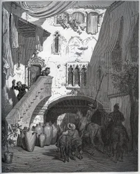 Don Quixote og Sancho Panza, inviteret af Don Diego de Miranda derhjemme, bliver budt velkommen af herrens kone og søn - fra "Don Quixote de la Mancha" af Miguel Cervantes (1547-1616) (Don Quixote) - Træsnit efter tegning af Gustave Dore