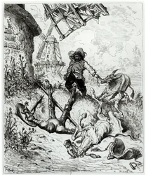Don Quixote og vindmøllerne, fra «Don Quixote de la Mancha» af Miguel Cervantes (1547-1616), graveret af Héliodore Joseph Pisan (1822-90)
