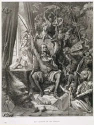 Don Quixote i hans bibliotek, indgraveret af Heliodore Joseph Pisan (1822-90) ca. 1868
