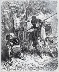 Don Quixote tager parti for den unge kammertjener - "Ved solen, der opildner os, jeg ved ikke, hvem der forhindrer mig i at føre mit blad gennem kroppen" - fra "" Don Quixote de la Mancha"" af Miguel Cervantes (1547- 1616) (Don Quixote) - Træsnit efter teg