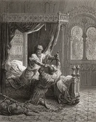 Englands Edvard 1. (1239-1307) dræber sin tiltænkte snigmorder i juni 1272, illustration fra «Bibliothèque des Croisades» af J.-F. Michaud, 1877