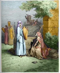 Eliezer og Rebekka - Eliezer, Abrahams tjener, bliver tilbudt en drink vand af Rebekka - Eliezer og Rebekka - indgravering i "The Bible illustree" af Gustave Dore (1832-1883) - Indgravering fra "" The Dore Bible""