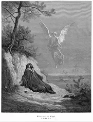 Elias går ud i ørkenen og beder om at dø, men en engel kommer og byder ham: «Rejs dig og spis». Bibelen, 1 Konger 19,5. Fra Gustave Dorés Bibel 1865-1856. Træsnit