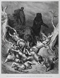 Elisa ser på, mens børnene ødelægges af bjørne, illustration fra Dore-bibelen