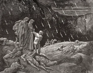 Gravering af Gustave Dore 1832-1883 Fransk kunstner og illustrator til Inferno af Dante Alighieri Canto XV linje 28 og 29