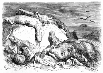 Gravering af Gustave Dore omkring 1850: fremkaldelse af en apokalyptisk syndflod, der kombinerer bibelsk tradition (man kan i det fjerne se Noes ark på havet) og begyndelsen på videnskabelig viden (forskellige uhyrlige dyr mislykkedes på bjerget, præf.