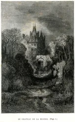 Gravering af Gustave Dore på forsiden af Theophile Gautiers roman "Kaptajn Fracasse". Charpentier-udgave 1863. Chateau de la Misere, baron de Sigognacs hjem.