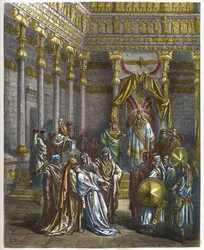Ester besvimer foran Persiens første konge, Ahasverus - Dronning Ester besvimer foran kong Ahasverus - stik i «Den illustrerede Bibel» af Gustave Doré (1832-1883) - stik fra «Dorés Bibel»