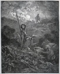Første tilsynekomst af Deguenille-de-la-Malaise-minen - fra "" Don Quixote de la Mancha"" af Miguel Cervantes (1547-1616) (Don Quixote) - Træsnit efter tegning af Gustave Dore