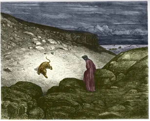 Første sang om helvede, en panter modsætter sig Dantes passage. Illustration af Gustave Dore