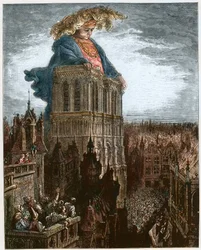 Gargantua på tårnene i Notre-Dame i Paris - Gargantua hviler på tårnene i Notre-Dame-kirken i Paris - illustration fra 