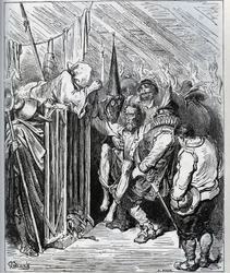 Sådan slipper du af med Don Quixote. Folkene i hotelbutikken besluttede at spærre ham inde ved at få ham til at tro på en ny fortryllelse og en ny ridderlig test - fra "Don Quixote de la Mancha" af Miguel Cervantes (1547-1616) (Don Quixote) - Træsnit efter