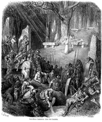 Menneskeofringer blandt gallerne - druider, dolmen, menhir - gravering af Gustave Dore i "L