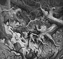 Illustration af "Den rasende Roland" (Orlando Furioso) af Ludovico Ariosto (Arioste) (1474 - 1533): Roland, fuldstændig rasende, ødelægger skoven og dyrene. Ill. af Gustave Doré. Sang 24