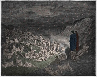 Inferno, Canto 14: De voldelige, plaget i ildregnen, illustration fra 