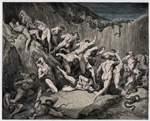 Inferno, sang 24: Tyvene plaget af slanger, illustration fra „Den guddommelige komedie“ af Dante Alighieri, 1885
