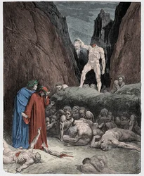 Inferno, sang 28 : Bertran de Borns afhuggede hoved taler til Dante, illustration fra 