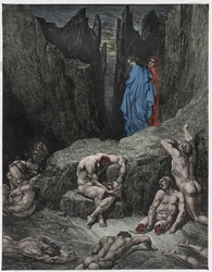 Inferno, sang 29: Vergil dadler Dantes nysgerrighed, illustration fra «Den guddommelige komedie» af Dante Alighieri, 1885