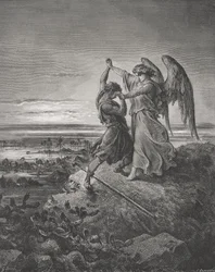 Jakob kæmper med englen, Første Mosebog 32:24-32, illustration fra Dorés «Den Hellige Bibel», graveret af Laplante, 1866