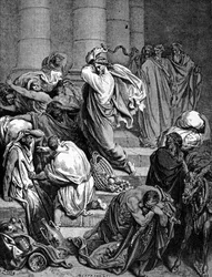 Jesus Kristus jagter templets købmænd. Illustration af Gustave Doré.