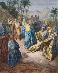 Jesus Kristus kæmper mod en ung besat af Dæmonen - Jesus helbreder den gale - Farvegravering efter Gustave Dore.