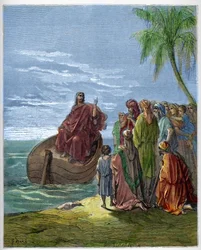 Jesus prædiker ved Genezaret Sø (Genesareth, Ginosar eller Kinneret) (Tiberias Sø) (Galilæas Sø) - Jesus prædiker ved Galilæas Sø - stik i „Den illustrerede Bibel“ af Gustave Doré (1832-1883) - stik fra „Dorés Bibel“