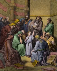 Jesus med lægerne i templet - Jesus ved templet blandt lægerne - gravering af Gustave Dore (1832-1883) - senere farvelægning