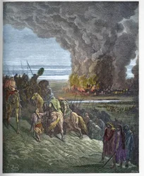 Joshua brænder byen Ai - Erobringen af byen Ai (Hai) af Josue (Josue Book to Flames the City of Ai) - indgravering i "" The Bible illustree"" af Gustave Dore (1832-1883) - Gravering fra ""The Dore Bible""