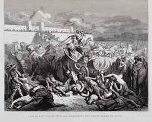 Kong David straffer ammonitterne, illustration fra Dore-bibelen