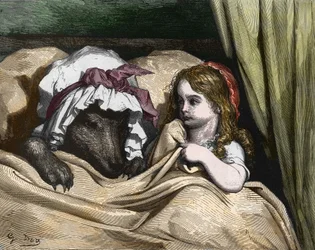 Rødhætte og ulv kan ikke lide som bedstemor. Illustration af Gustave Dore
