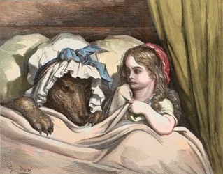 Rødhætte og ulven kan ikke lide bedstemor. Illustration til «Eventyrene» af Charles Perrault (1628-1703) af Gustave Doré (1832-1883), 1867 - Rødhætte - Gustave Doré (1832-1883), stik