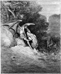 Lucifer (Satan, falden engel, faldet fra himlen til Jorden), afbildet mens han forfører Adam og Eva. Illustration af Gustave Doré til «Det tabte paradis» af John Milton (1608-1674). Gravure fra 1866. Privatsamling