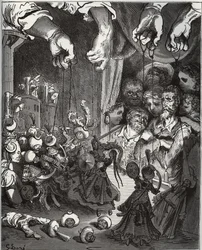Maese Pedros dukketeater - fra "Don Quixote de la Mancha" af Miguel Cervantes (1547-1616) (Don Quixote) - Træsnit efter tegning af Gustave Dore
