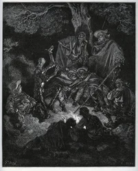 Natlys, hvor Don Quixote fortæller historien om verden til gederne og en Sancho Panza - fra "Don Quixote de la Mancha" af Miguel Cervantes (1547-1616) (Don Quixote) - Træsnit efter tegning af Gustave Dore