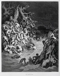 Noah og hans ark flygter, da den store flodbølge omslutter jorden, Illustration fra Dore-bibelen
