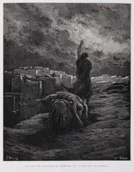 Forargelse i Gibea, levitten bærer sin døde medhustru væk, Illustration fra Dore-bibelen