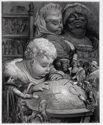 Pantagruel følger et kursus i geografi - i "" Gargantua"" af Rabelais, ill. Gustave Dore