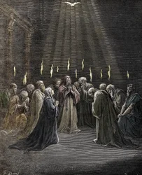 Pinse, Helligåndens nedstigning over apostlene og andre tilhængere af Jesus Kristus. Stik af Gustave Doré (1832-1883) fra «La Bible». Privat samling