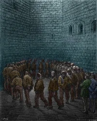 Fanger går rundt i gården til Westgate-fængslet i London, af Gustave Dore