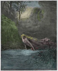 Purgatorio, sang 31: Dante nedsænket i floden Lethe, illustration fra Dante Alighieris «Den guddommelige komedie», 1885