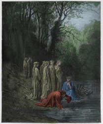 Purgatorio, sang 33: Dante drikker af floden Eunoe, illustration fra «Den guddommelige komedie» af Dante Alighieri, 1885