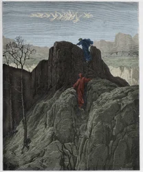 Purgatorio, sang 4: Vergil fører Dante op ad den barske bjergside, illustration fra „Den Guddommelige Komedie“ af Dante Alighieri, 1885
