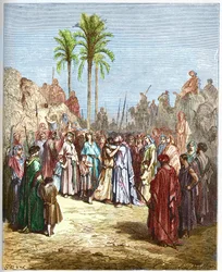 Forsoning mellem Jakob og Esau - Forsoning mellem Jakob og Esau Genese, XXXIII, 4 - - Indgravering fra "" The Bible illustree" af Gustave Dore (1832-1883) - Indgravering fra "" The Dore Bible""