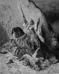 Saladin (1138-1193) (Salah al Din Yusuf al-Ayyubi (al Ayyubi)) i spidsen for sine tropper mod korsfarerne - stik af Gustave Doré