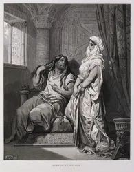 Samson og Delilah, kapitel 16 i Dommerbogen i Det Gamle Testamente, illustration fra Dore-bibelen