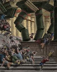 Samson vælter Dagons tempel, stik af Gustave Doré (1832-1883)