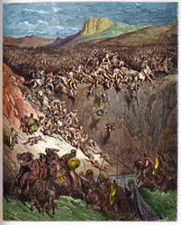 Samson ødelægger filistrene med kæbebenet af en numse - Samson dræber filistrene med en æselkæbe - - indgravering i "" The Bible illustree"" af Gustave Dore (1832-1883) - Indgravering fra "" The Dore Bible""